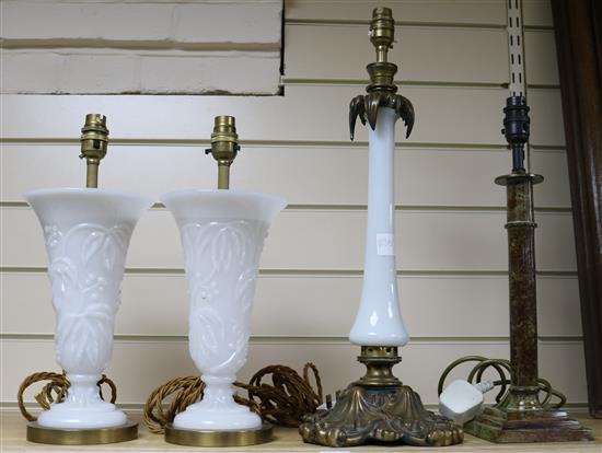 Victorian opaque glass table lamp and 3 other lamps